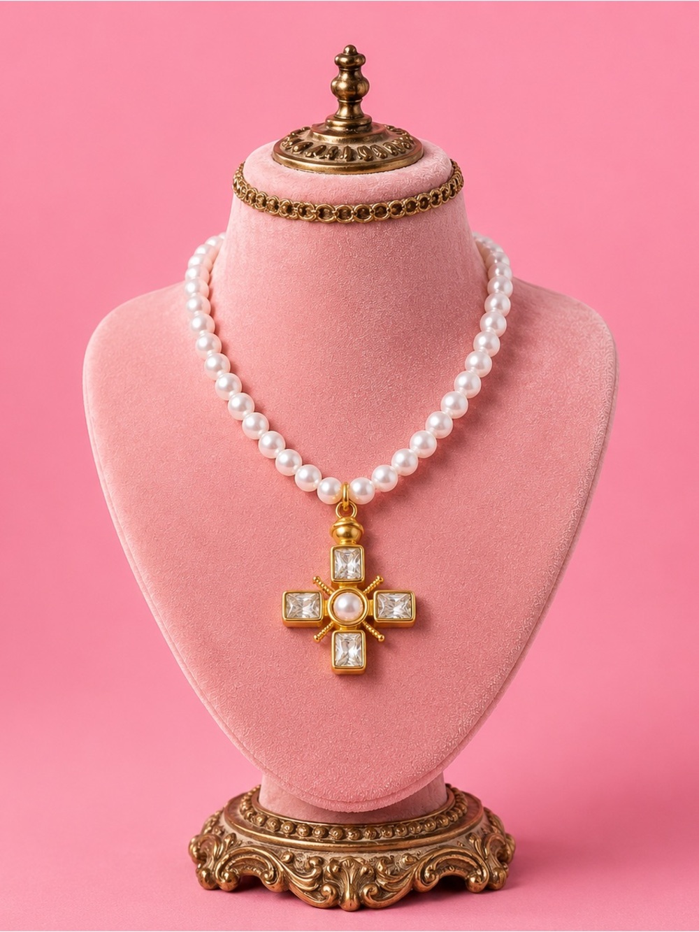 Timeless Pearl Cross Gold Necklace